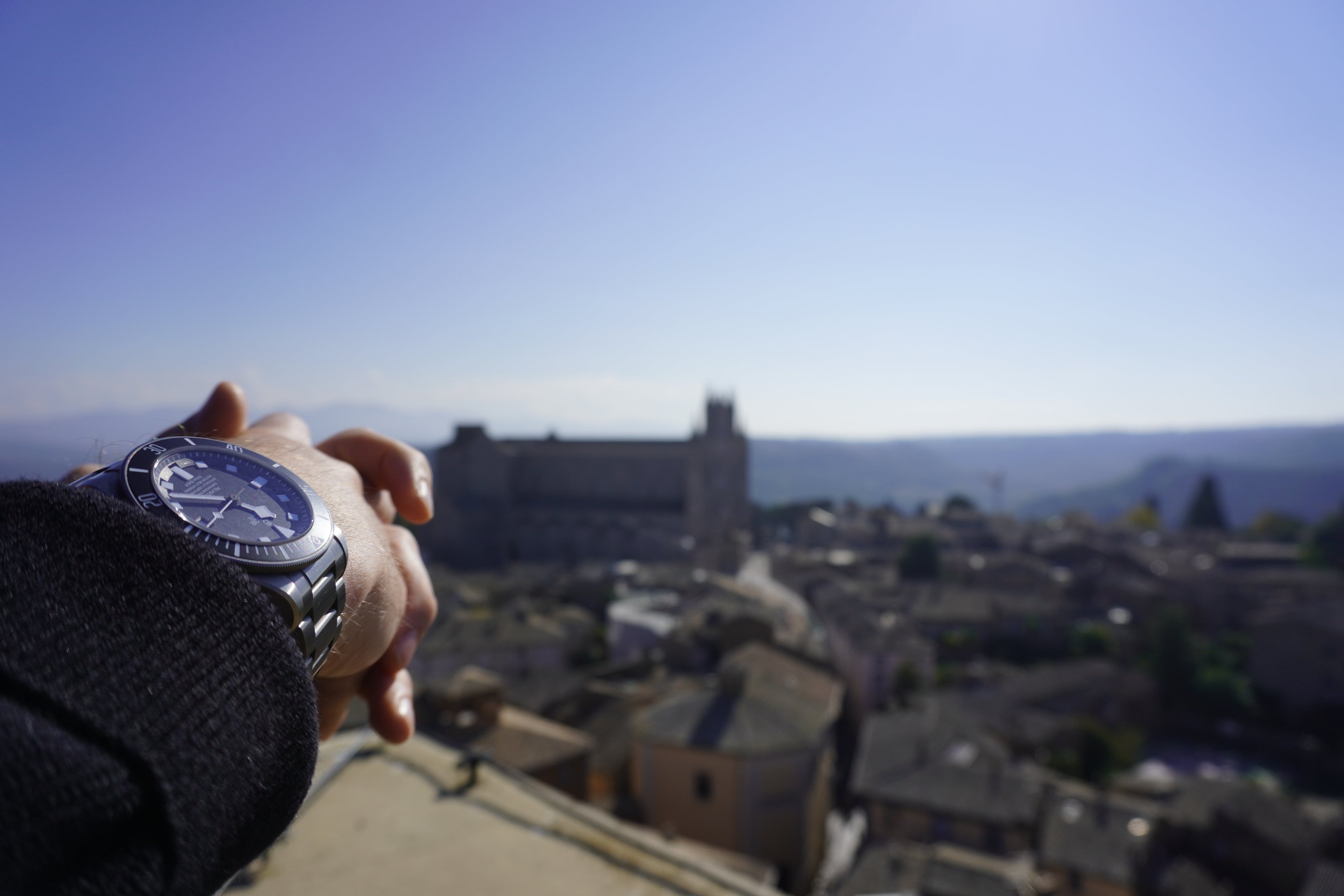 Hand wearing a watch with a scenic view of a town in the background